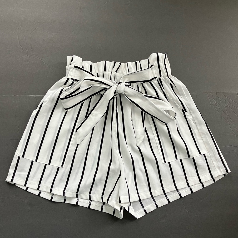 Flowy white and black striped tie shorts